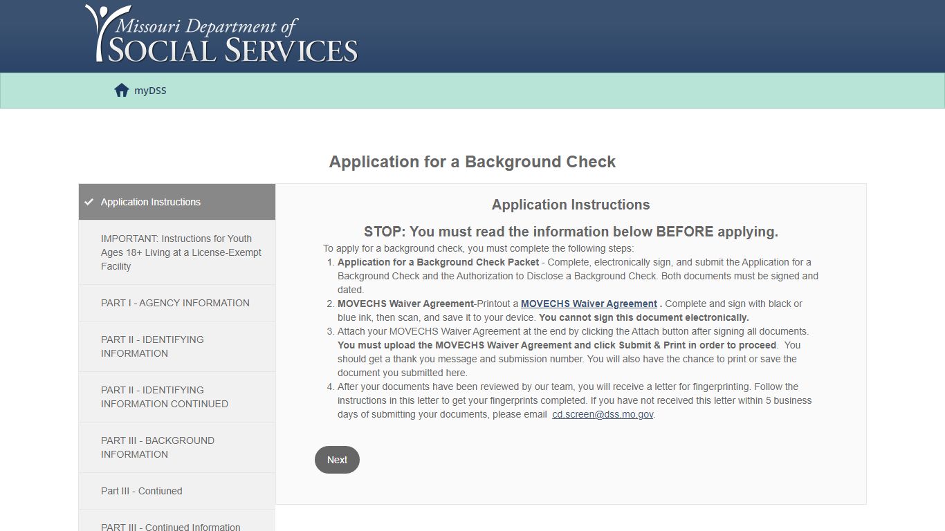 Background Check Application - Missouri